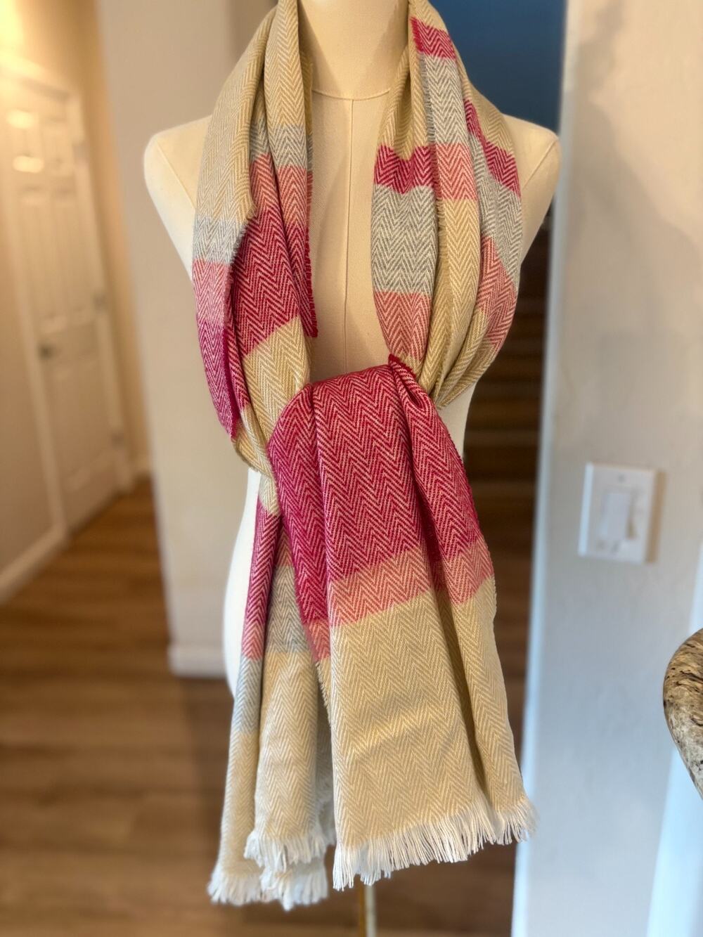 Isaac Mizrahi Women's Striped Fringed Herrinbone Pattern Scarf